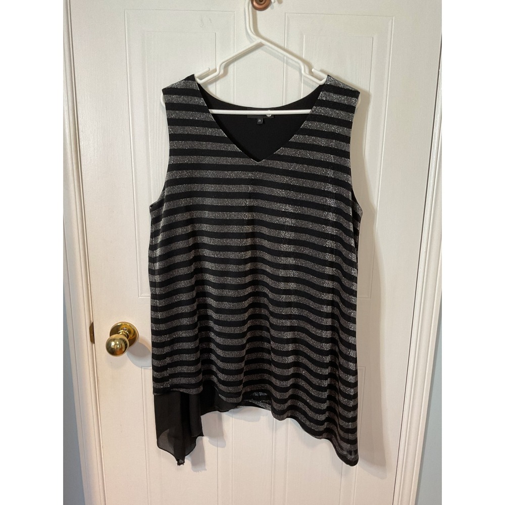 Claire France Tank Top Women 2X Black Silver Excellent Lurex Striped Asymmetric